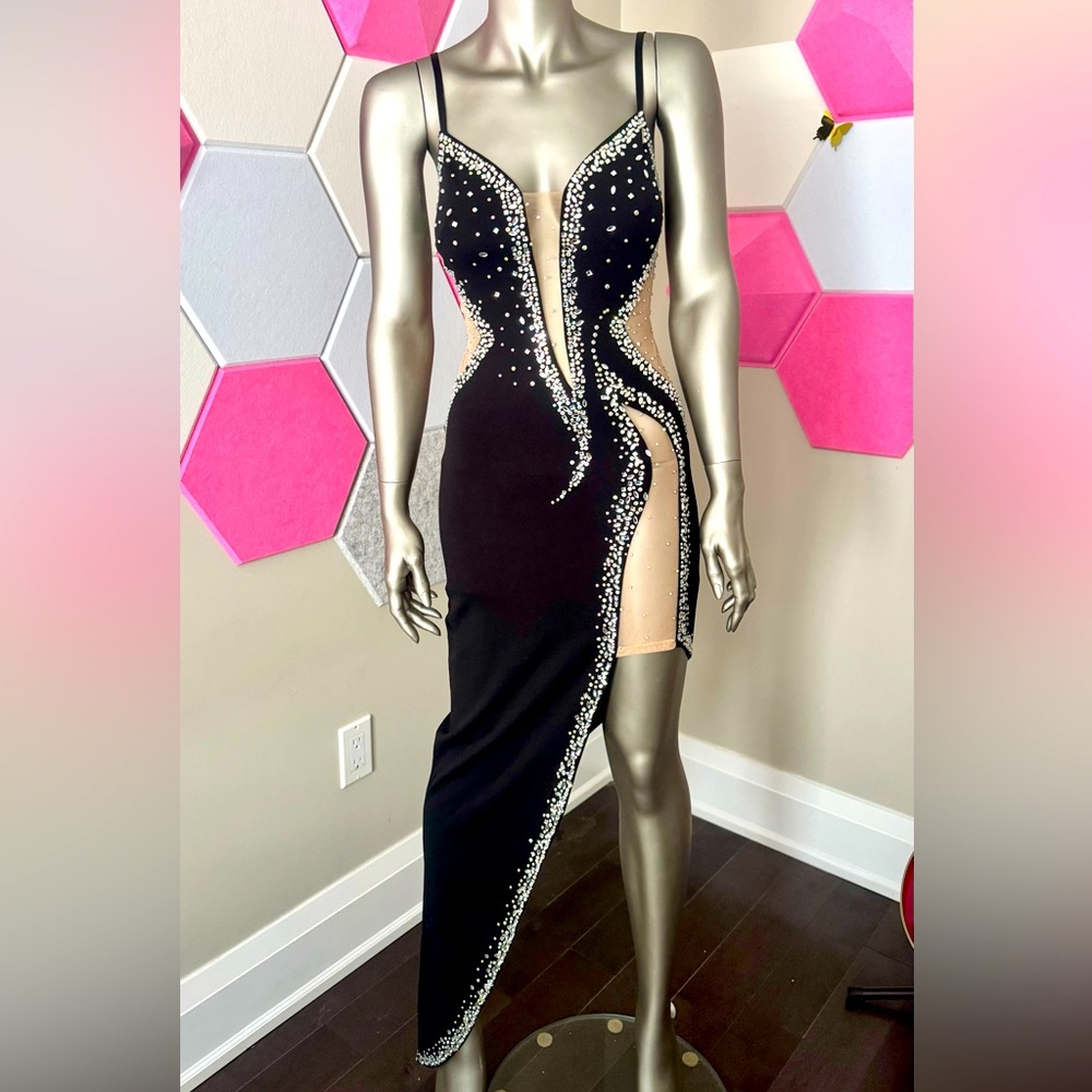 Elegant Black and Nude Embellished Dress